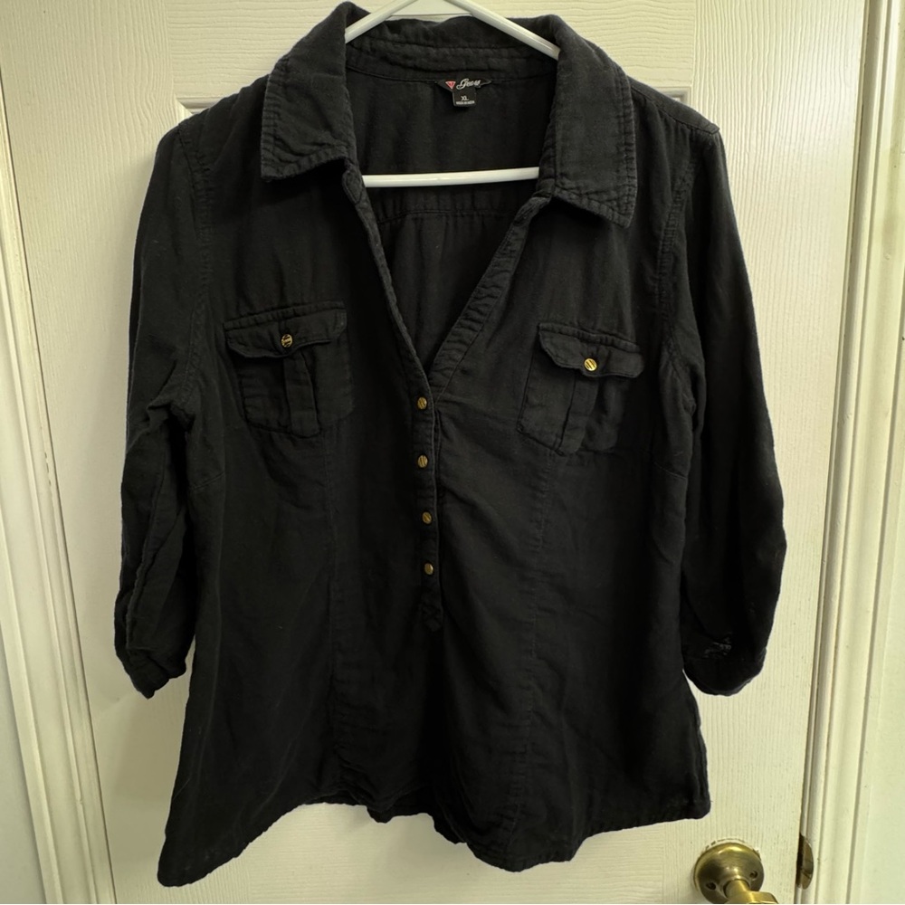 Vintage Guess Black Utility Button-Up Shirt XL Y2K 3/4 Sleeve Cargo Cotton Top